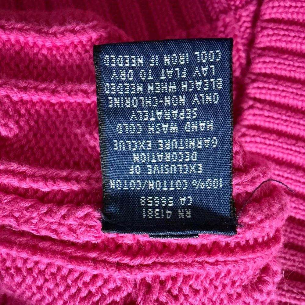 Vintage Ralph Lauren Mens XL Pink Cable Knit Cotton Crewneck Sweater Blue Pony